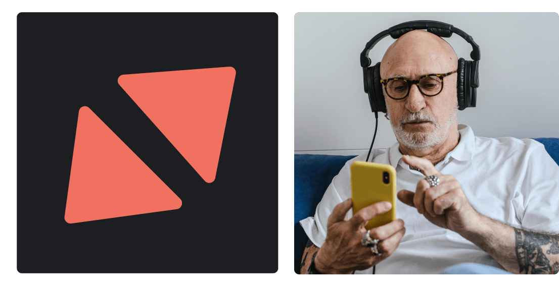 Elderly man wearing headphones interacting with his phone