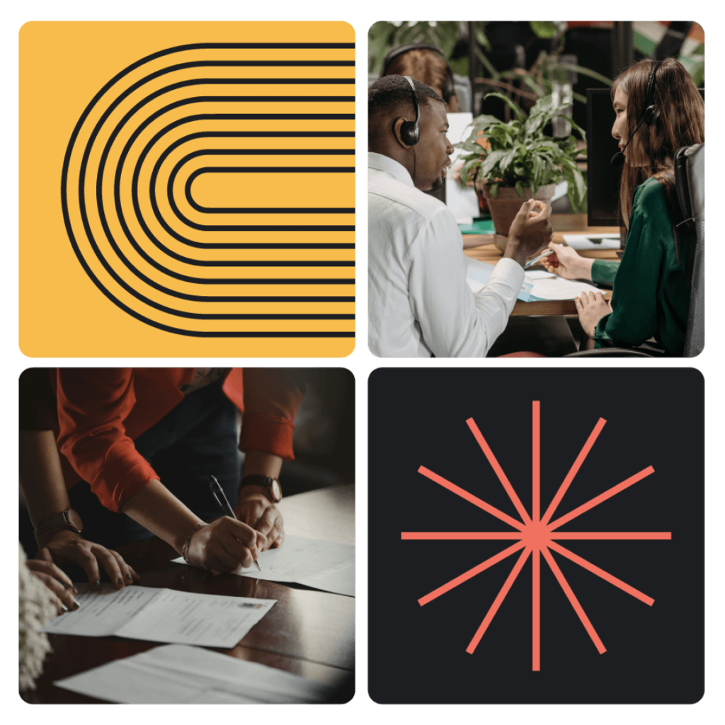 Image with colorful graphics and people wearing headphones and reading from a paper while other people sign papers.